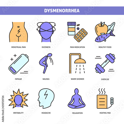 Menstrual pain icon set in line style