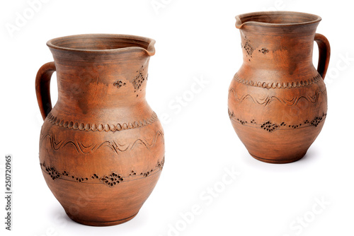Clay pots isolated on white background. Household utensils.