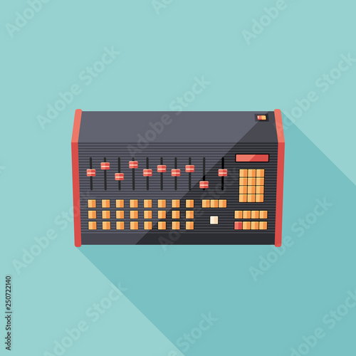 Retro drum machine flat square icon with long shadows.