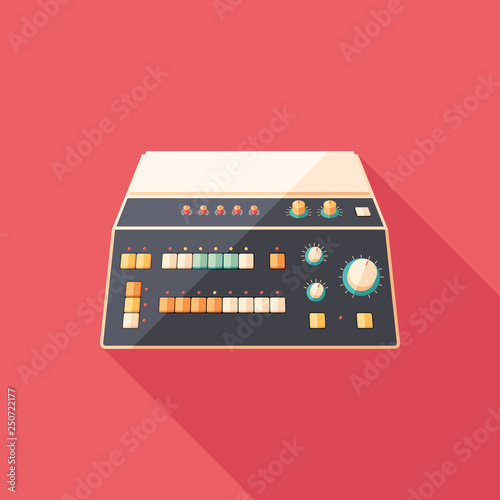 Vintage drum machine flat square icon with long shadows.