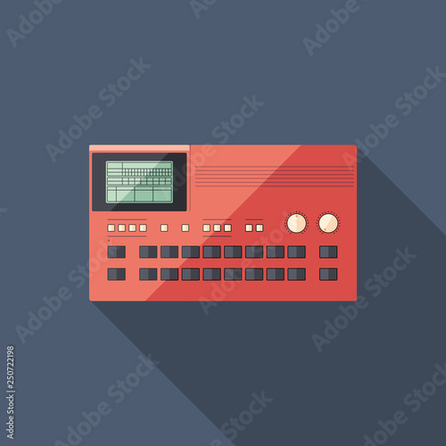 Modern drum machine flat square icon with long shadows.