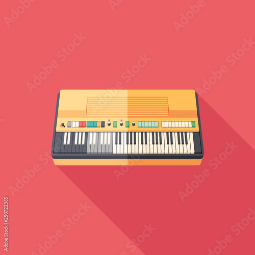 Compact electronic organ flat square icon with long shadows.