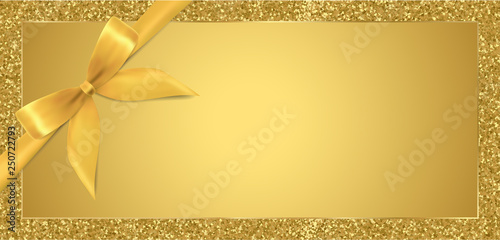 Golden ticket, Gift Voucher, Gift Certificate with sparkle glitter frame background and gold bow (ribbon). Blank coupon template useful for any invitations, party, event or entertainment show 
