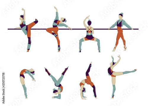 Slim sportive young woman doing fitness and yoga exercises. Interest sportswear. Vector glitch overlay illustration design isolated on white background for t-shirt graphics  icons  posters  print
