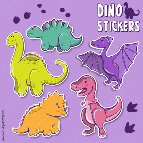 vector illustration dino stickers. Designed for children s parties  birthday parties  cards  banners.
