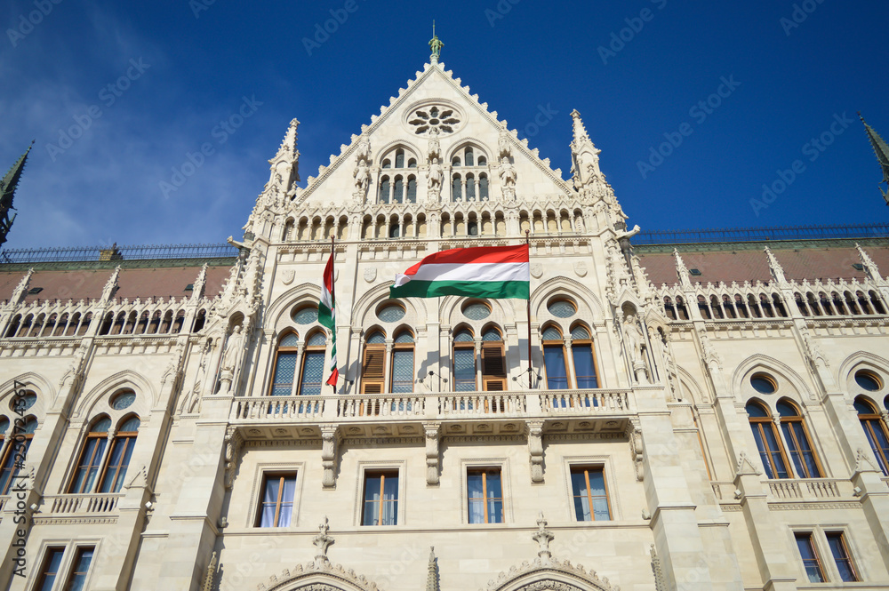 BUDAPEST, HUNGARY - DECEMBER 29, 2017: Exterior of Hungarian Parliament Building in Budapest on December 29, 2017.