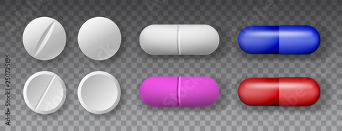 Top view medicaments vector set of various pills on transparent background.