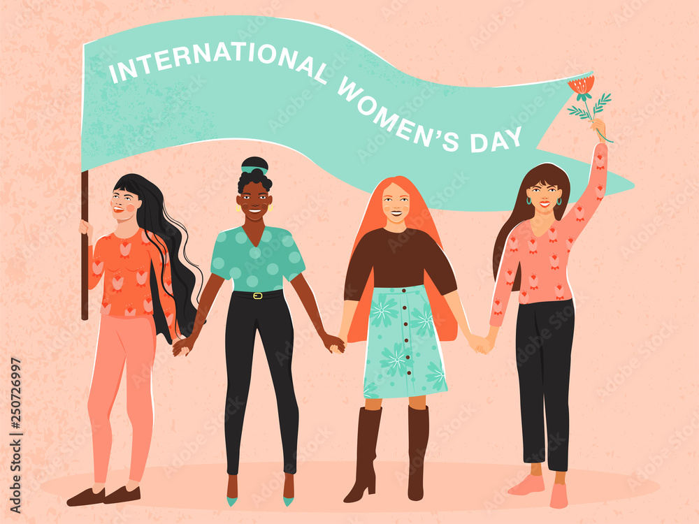 International Women's Day concept. Girls hold hands. Girl’s different nationalities and cultures holding a flag with congratulations. Vector illustration. International Women's Day concept. Girls hold hands. Girl’s different nationalities and cultures holding a flag with congratulations. Vector illustration.