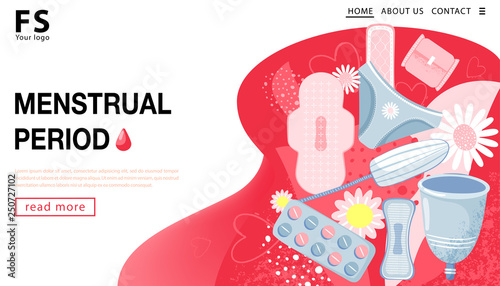 Menstrual period. Landing page template. Woman's hygiene concept with menstrual cup, tampon, sanitary napkin, chamomile and hearts. Vector illustration.