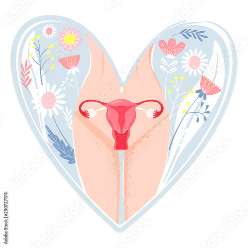 Health concept. Woman reproductive health illustration with woman body, groin of female, uterus and flowers in heart shape. Vector illustration.