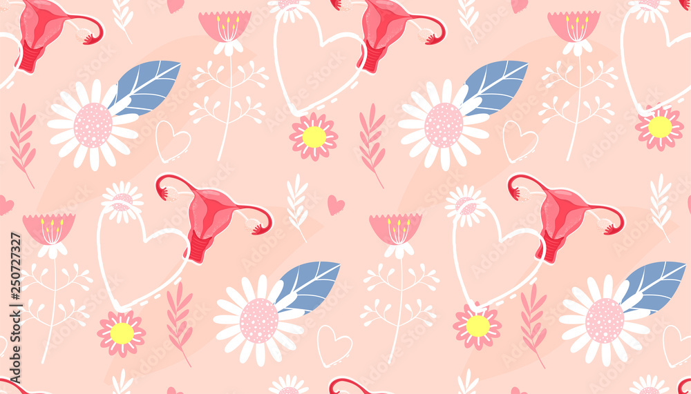 Seamless pattern. Uterus, hearts and flowers. Vector illustration for textile, medicine, poster, background, book.