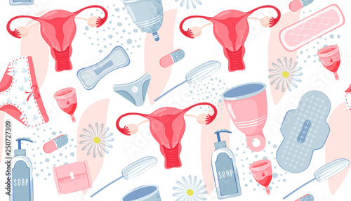 Seamless pattern with feminine hygiene products. Menstrual cup, uterus, tampon, soap, sanitary napkin, chamomile and pills. Vector illustration for textile, medicine, poster, background, book.