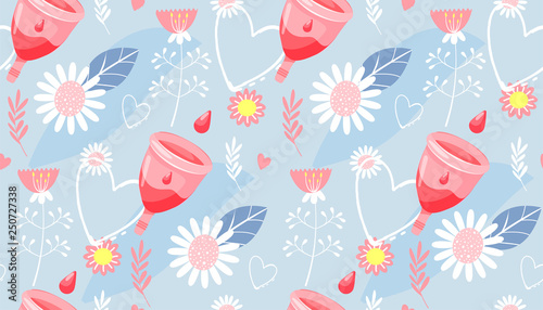 Seamless pattern. Menstrual cup, hearts and flowers. Vector illustration for textile, medicine, poster, background, book.