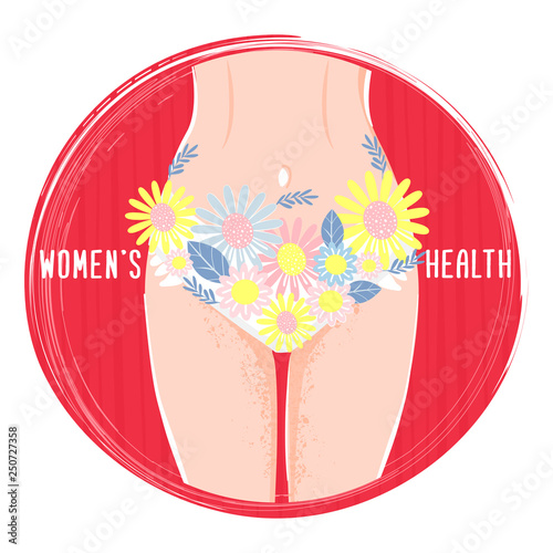 The concept of women's health with a female body, a female groin, a uterus  and flowers in the pelvic area. Vector illustration. Stock Vector