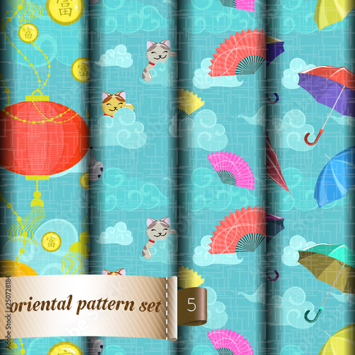 Vector set of seamless patterns. Cartoon oriental design. Clouds, cats, fans, coins, umbrellas