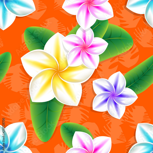 Vector seamless tropical pattern with leaves and flowers plumeria on an orange background
