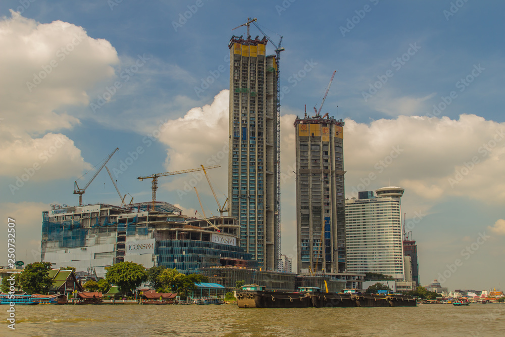 Under construction of ICONSIAM project, a future mixed-use development on the banks of the Chao Phraya River in Bangkok, Thailand