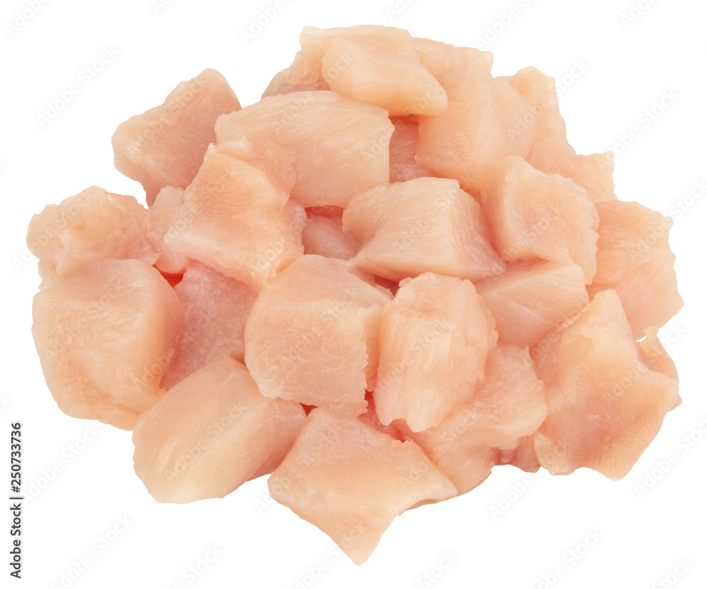 Heap of small piece raw chicken isolated on white background
