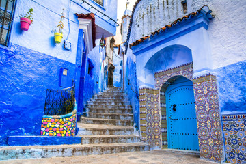 Stickers Marokko Blauwe steegjes van Chefchaouen medina  © olenatur
