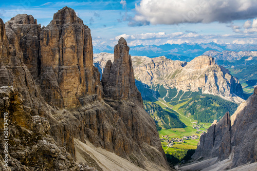 Amazing view from Mountains Sella Ronda, South Tyrol, Dolomites, Italy. Travel in nature. Artistic picture. Beauty world.