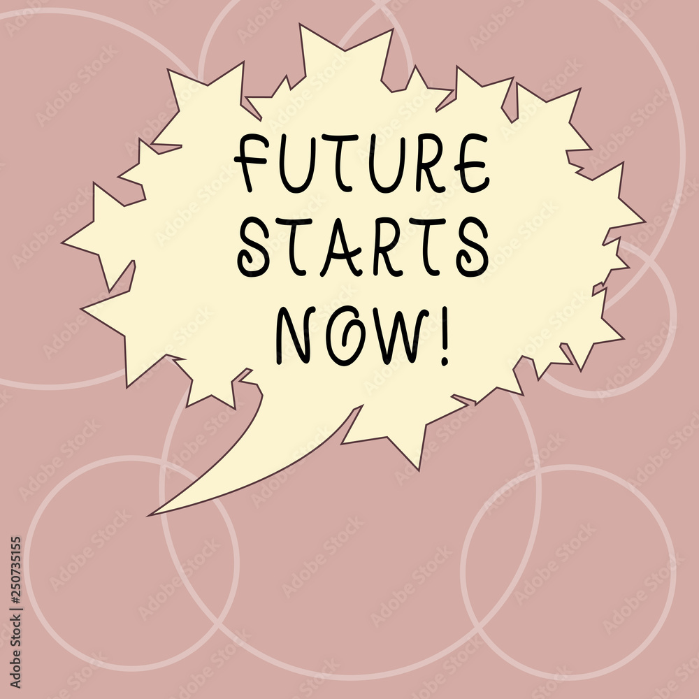 Word writing text Future Starts Now. Business concept for encourage someone to start working from this moment Blank Oval Color Speech Bubble with Stars as Outline photo Text Space