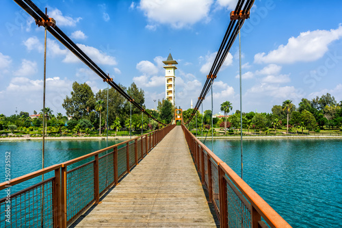 Suspension bridge located near the Sabanci Central Mosque in a center of Adana city, Turkey