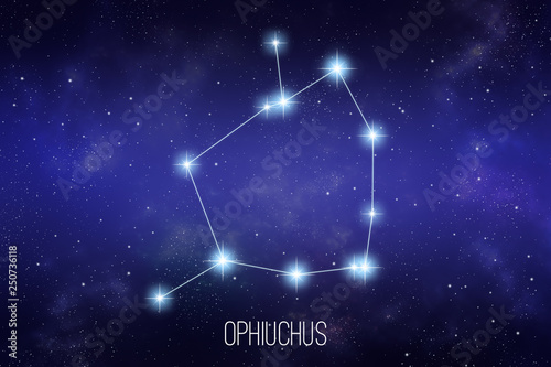 Ophiuchus zodiac constellation on a starry space background with lettering photo