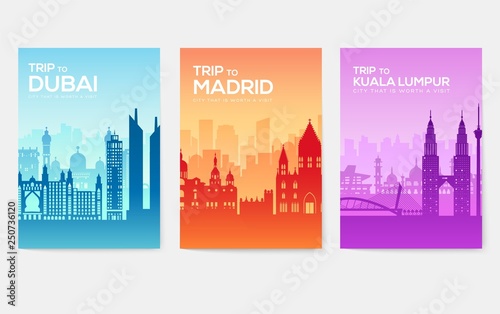 Travel information cards. Landscape template of flyear  magazines  posters  book cover  banners. Country of Chile  Canada  Thailand  Spain  Malaysia  Africa  Asia  Poland  UAE and Jerusalem set