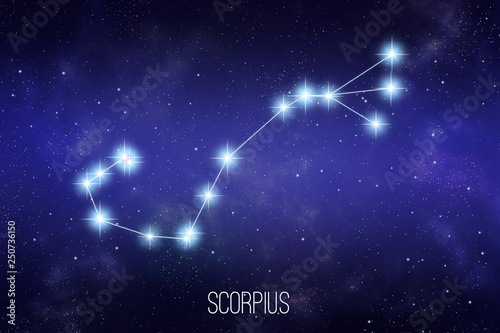 Scorpius zodiac constellation on a starry space background with lettering