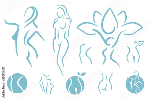 Women fitness logo icon. Sports, health, spa, yoga, beauty vector logo. Woman silhouette logo. Diet logo. Spa salon logo