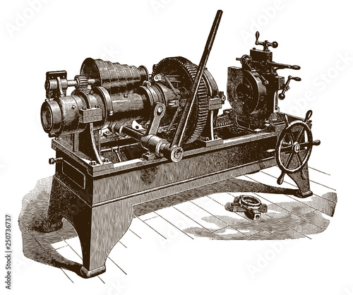 Historical pipe and nipple machine (after an engraving or etching from the 19th century)