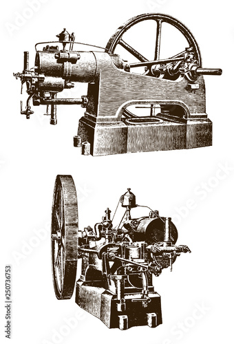Historical gas engine in side and frontal view (after an engraving or etching from the 19th century)