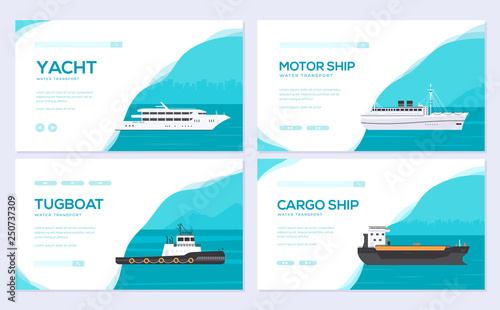 Set of yacht, boat, cargo ship, steamship, ferry, fishing boat, tug, bulk carrier, vessel, pleasure boat, cruise ship. Vector brochure card template of flyear, web banner, ui header, enter site slider