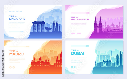 Travel information brochure card set. Landscape ?ountry Singapore, Kuala Lumpur, Madrid, Dubai of template of flyear, web banner, ui header, enter site. Layout invintation modern