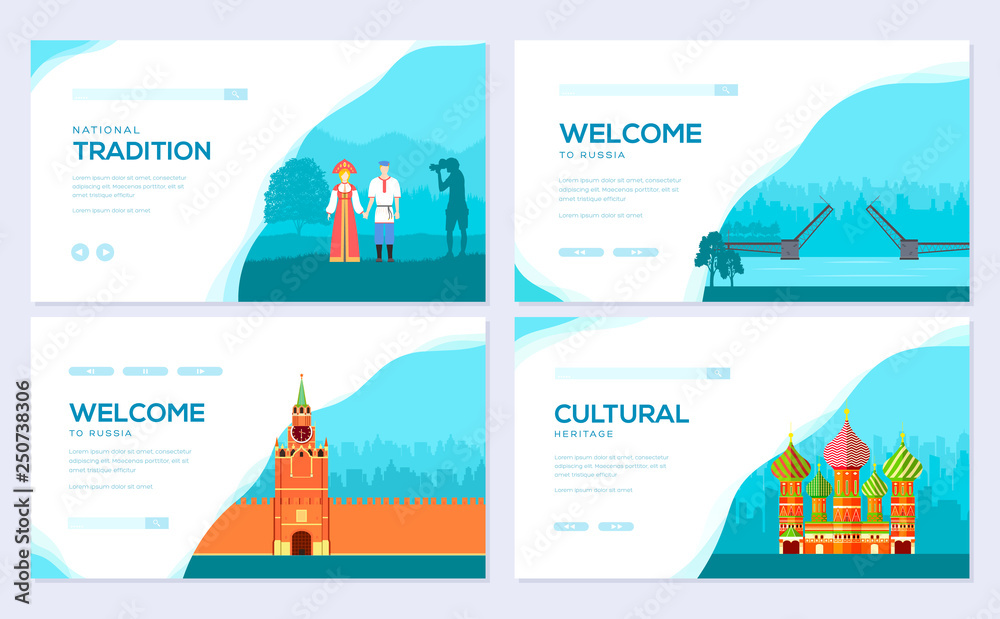 Russia country vacation travel tour concept. Traditional brochure card set. Ethnic template of flyear, web banner, ui header, enter site. Layout invintation modern slider