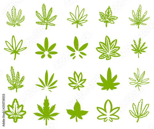 Hand drawn icon illustration set of green hemp cannabis leaf