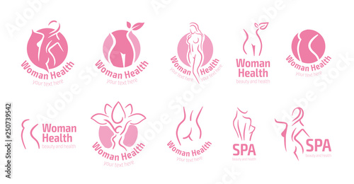 Women fitness logo icon. Sports, health, spa, yoga, beauty vector logo. Woman silhouette logo. Diet logo. Spa salon logo