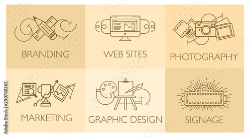 Creative design process concept with web studio development elements. Flat line icons modern style vector illustration set. 