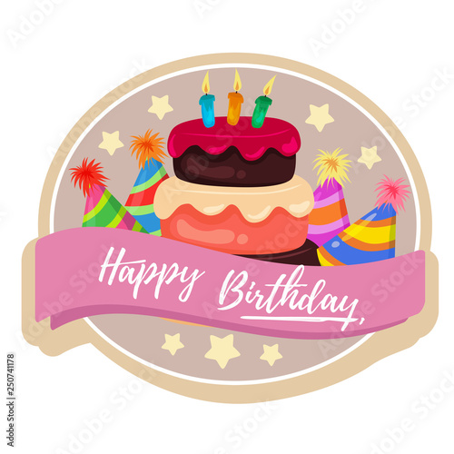 colorful birthday cake label with cake tart and party hat