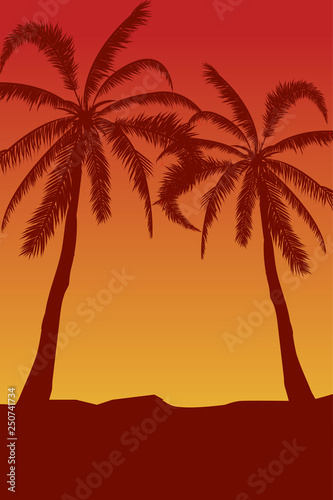 Tropical landscape. Summer background. Palm trees silhouette. Vector illustration