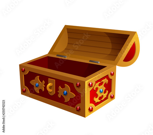 vector illustration of open old wooden chest, treasure box with decor 