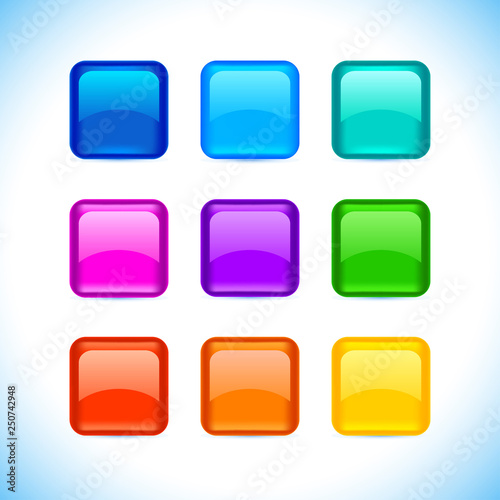Colored matted blank rounded squares buttons with color and reflection on white icons set