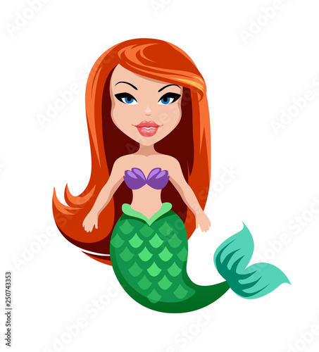 vector illustration of mermaid, nymph with green fish tail