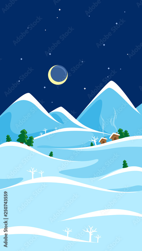 vector illustration of night Christmas snowy landscape with mountain and moon, stars