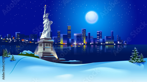 vector illustration of night snowy  landscape of New York