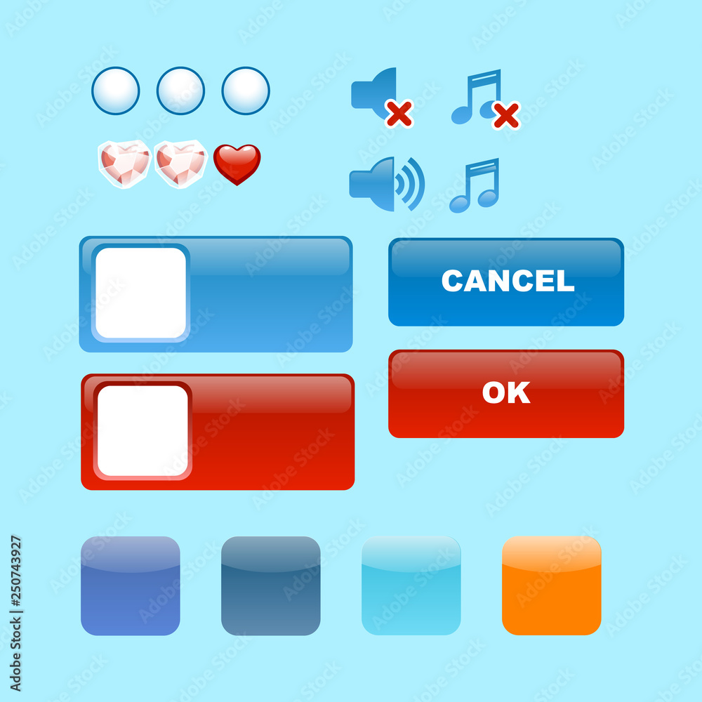 vector set of buttons sound, music, hearts , cancel, ok