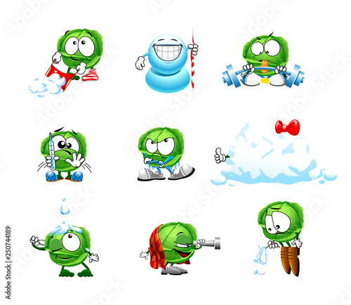 vector set of funny cartoon cute cabbage smiles 