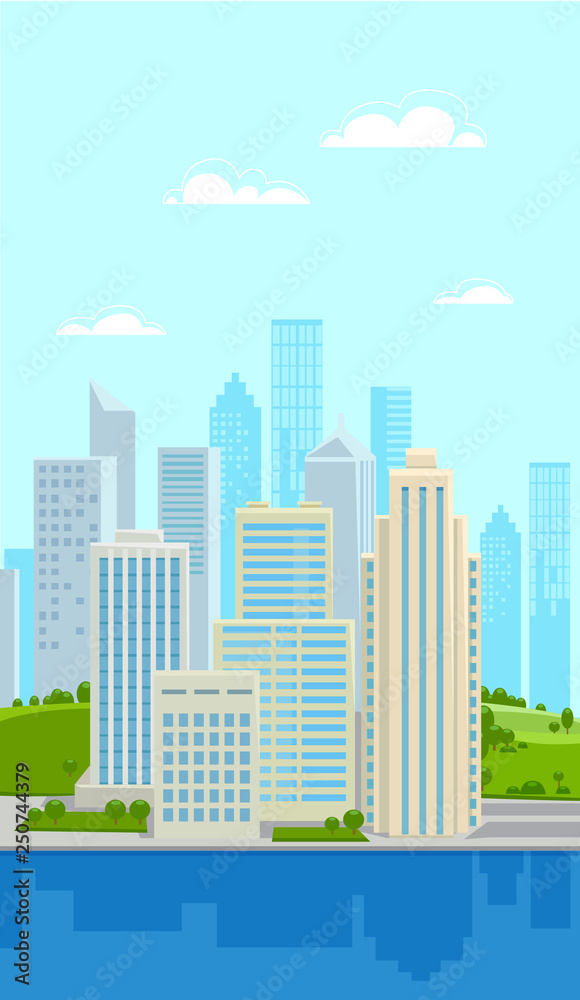 vector illustration of business center near the pond