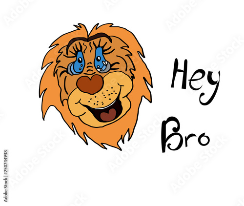 Cheerful lion cool inscription hey bro, childrens drawing in vector. photo