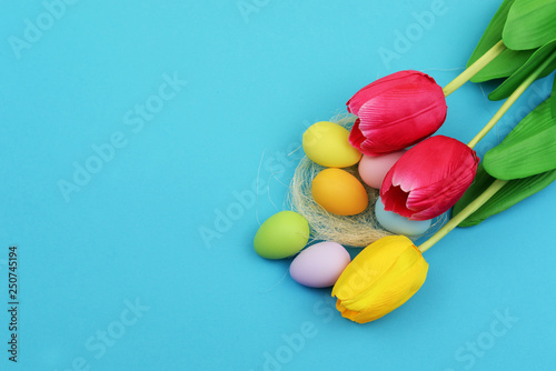 Easter painted eggs with a nest and flowers of tulips